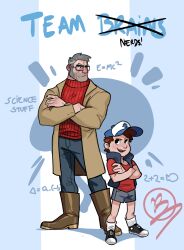 Rule 34 | 2boys, baseball cap, beard stubble, big nose, black eyes, black footwear, blue vest, boots, broad shoulders, brown coat, brown footwear, brown hair, cheschirebacon, coat, crossed arms, denim, dipper pines, facial hair, glasses, gravity falls, grey hair, grey shorts, hat, highres, jeans, light smile, looking at another, math, mature male, multiple boys, muscular, muscular male, mutton chops, old, old man, open mouth, pants, red shirt, red sweater, shirt, short hair, shorts, socks, standing, ford pines, stubble, sweater, teeth, uncle and nephew, upper teeth only, vest, white socks