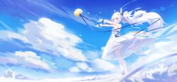 Rule 34 | 1girl, absurdres, animal ears, azur lane, blue sky, bouquet, cloud, dress, flower, full body, fur-trimmed gloves, fur trim, gloves, highres, laffey (azur lane), laffey (white rabbit&#039;s oath) (azur lane), long hair, outdoors, petticoat, ponytail, rabbit ears, red eyes, sky, sleeveless, sleeveless dress, solo, standing, throwing, twitter username, wedding dress, white dress, white gloves, white hair, windmill, z-wumi