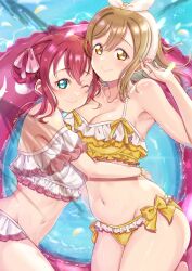 2girls bikini breasts brown_eyes brown_hair cleavage day frilled_bikini frills from_above green_eyes hair_ribbon highres hug iroenpitsu_xxx kunikida_hanamaru kurosawa_ruby large_breasts long_hair looking_at_viewer love_live! love_live!_sunshine!! medium_breasts multiple_girls navel o-ring one_eye_closed outdoors pool red_eyes ribbon smile swimsuit water yuri