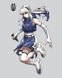 1girl blue_hair colored_inner_hair elbow_gloves fingerless_gloves fishnets full_body gloves grey_background hairband highres holding holding_knife knife kunai long_hair looking_at_viewer multicolored_hair original purple_eyes side_slit simple_background solo weapon white_gloves white_hair worka320