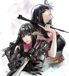 2girls au_ra black_collar black_gloves black_hair black_kimono blunt_bangs collar commentary_request cropped_torso dragon_horns dual_wielding final_fantasy final_fantasy_xiv flower from_side gloves green_eyes grey_eyes hair_flower hair_ornament hair_ribbon hand_up holding holding_smoking_pipe holding_sword holding_weapon horns hyur japanese_clothes katana kimono kiseru lace_collar long_hair multiple_girls ninja_(final_fantasy) obi obijime off_shoulder parted_lips pink_scarf ribbon sash scales scarf sidelocks signature simple_background smoke smoking_pipe sword upper_body weapon white_background yotsuyu_goe_brutus yugiri_mistwalker yum0811