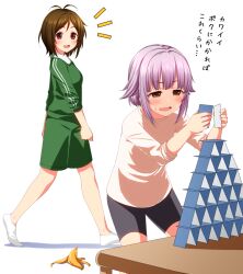 2girls :d antenna_hair banana_peel bike_shorts black_shorts blush breasts brown_eyes brown_hair card commentary_request domyoji_karin green_jacket green_shorts hair_intakes holding holding_card house_of_cards idolmaster idolmaster_cinderella_girls jacket koshimizu_sachiko looking_at_another medium_breasts multiple_girls notice_lines open_mouth playing_card purple_hair red_eyes shirt short_hair shorts sidelocks smile socks standing sweatdrop translation_request walking white_shirt white_socks yoyomura