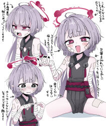 1girl ahoge angry bandaged_arm bandages blue_archive blush commentary_request dovepopon flat_chest grey_hair halo highres long_hair looking_at_viewer mesugaki multiple_views open_mouth red_eyes shuro_(blue_archive) sitting tearing_up translation_request