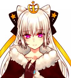 Rule 34 | 1girl, black bow, blush, bow, braid, brown cape, brown gloves, cape, closed mouth, commentary, cone hair bun, crown, double bun, fur-trimmed cape, fur trim, gloves, hair bow, hair bun, looking at viewer, mini crown, purple eyes, ragnarok online, shirokuro (erisnoa), simple background, smile, solo, twin braids, upper body, warlock (ragnarok online), white background, white hair