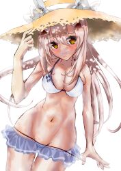 alternate_breast_size ayanami_(azur_lane) azur_lane bikini bikini_bottom_pull blush breasts hair_ornament highres large_breasts large_hat looking_at_viewer navel orange_eyes simple_background stomach swimsuit thsr_sawa_taki white_background white_hair