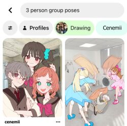2boys 3_person_group_poses_(meme) 4girls absurdres blonde_hair blue_dress blue_eyes blunt_ends brown_eyes brown_hair cenemii commentary dress english_commentary flats glasses green_eyes hair_ornament heart heart_hair_ornament heart_hands highres holding inukai_iroha inukai_komugi meme multiple_boys multiple_girls nekoyashiki_mayu nekoyashiki_yuki open_mouth pillow_fight pink_dress precure purple_eyes school_uniform scrunchie second_wangan_school_uniform smile teeth toyama_daifuku toyama_satoru upper_teeth_only wonderful_precure!