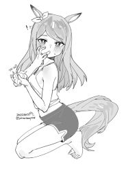 ! 1girl animal_ears bare_shoulders barefoot blush bow camisole cream dated ear_ribbon eating fingernails full_body greyscale highres horse_ears horse_girl horse_tail kneeling long_hair mejiro_mcqueen_(umamusume) midriff monochrome navel saramiao-chan shorts simple_background solo tail toenails translated twitter_username umamusume white_background