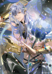 1boy abs absurdres arm_behind_back bare_pectorals beads black_collar black_pants blue_flower blue_hair bracer character_request chinese_clothes closed_mouth collar cowboy_shot crossed_bangs detached_collar eyelashes falling_petals fingernails flower folding_fan gold_armlet hair_between_eyes hair_bun hair_half_over_shoulder half_updo halo halo_behind_head hand_fan happy head_tilt highres holding holding_fan knee_up light_particles light_smile lion lips love_and_producer male_focus night night_sky nipples ok_sign outdoors pants parted_bangs pectorals petals prayer_beads single_hair_bun sky solo spring_(season) stomach toned toned_male ye_dian_pikaqiu yellow_eyes