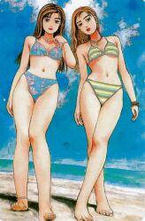 2girls beach bikini black_eyes blue_bikini bra breasts cleavage copyright_name day highleg highleg_bikini initial_d jewelry lips lipstick long_hair looking_at_viewer makeup medium_breasts multiple_girls navel necklace official_art outdoors panties parted_bangs red_lips satou_mako sayuki sayuki_(initial_d) shigeno_shuuichi striped_bikini striped_bra striped_clothes striped_panties swimsuit underwear yellow_bikini