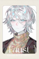 1girl black_jacket blue_eyes bngb_love border character_name closed_mouth faust_(project_moon) highres jacket limbus_company looking_at_viewer project_moon short_hair simple_background solo sweater upper_body white_background white_hair yellow_border yellow_sweater