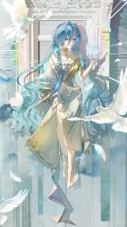 1girl 37_(reverse:1999) absurdres ancient_greek_clothes anklet armlet bare_shoulders barefoot bird blue_hair full_body gold_choker greco-roman_clothes hair_between_eyes hand_up highres jewelry long_hair looking_to_the_side reverse:1999 shadow solo triangle very_long_hair white_bird zhushi