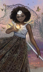 1girl 2025 absurdres african_clothes aminatou artist_name black_eyes black_hair black_skirt brown_eyes bug chinese_commentary commentary commentary_request curly_hair dark-skinned_female dark_skin dusk english_commentary expressionless glowing_insect gold_trim highres holding holding_staff insect looking_at_viewer magic:_the_gathering mixed-language_commentary moth net o-ring outdoors parted_lips shirt skirt skull_facepaint solo staff veil white_shirt yitai_zhi_meng