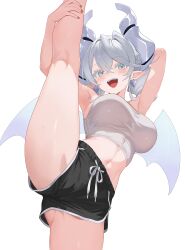 Rule 34 | 1girl, absurdres, alternate costume, armpits, arms up, black shorts, blush, breasts, camisole, card game, demon girl, demon horns, demon wings, drill hair, earrings, grey eyes, grey hair, hair between eyes, highres, horns, jewelry, large breasts, long hair, lovely labrynth of the silver castle, midriff, navel, nbee ya, open mouth, pointy ears, red nails, short shorts, shorts, simple background, smile, solo, split, standing, standing on one leg, standing split, stomach, teeth, transparent wings, twin drills, upper teeth only, white background, white camisole, wings, yu-gi-oh!