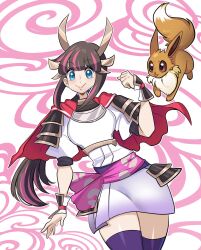 Rule 34 | absurdres, armor, blue eyes, blunt bangs, brown hair, cape, eevee, gen 1 pokemon, headdress, heroine (pokemon conquest), highres, japanese clothes, kimono, lips, lipstick, long hair, makeup, missandydandy, multicolored hair, nintendo, obi, pokemon, pokemon conquest, ponytail, purple thighhighs, red cape, sash, smile, streaked hair, thighhighs, thighs
