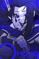 Rule 34 | black hair, blue eyes, blue nails, english text, eyelashes, fingernails, hair ribbon, hand on own face, hayakawa-dono, japanese clothes, kimono, long eyelashes, long fingernails, long hair, parted bangs, pursed lips, ribbon, sengoku musou