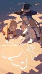 1boy 1girl absurdres ahoge arm_support blonde_hair blue_eyes blue_hair boots braid brown_cape brown_cloak brown_robe cape chalk_drawing cloak closed_mouth commentary crossed_bangs elf from_above green_eyes hat highres kneeling large_hat leaning_forward long_braid mushoku_tensei open_mouth outdoors pointy_ears robe roxy_migurdia rudeus_greyrat seuhyo99 short_hair shota smile squatting twin_braids white_boots witch_hat writing