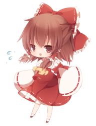 1girl ari ascot bad_id bad_pixiv_id bow brown_eyes brown_hair chibi detached_sleeves female_focus flying_sweatdrops hair_bow hair_tubes hakurei_reimu open_mouth simple_background skirt solo touhou white_background