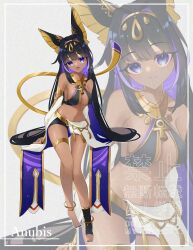 1girl :d absurdres adversarial_noise animal_ears anubis_(mythology) arms_behind_back bare_shoulders black_hair black_nails border breasts cleavage colored_inner_hair commentary dark-skinned_female dark_skin ebichiri_sunday egyptian_mythology hair_between_eyes highres inset_border jackal_ears jewelry loincloth long_hair looking_at_viewer medium_breasts multicolored_hair nail_polish navel open_mouth original purple_eyes purple_hair smile stomach tail thighlet toenail_polish toenails toes under-stirrup_footjob very_long_hair white_border zoom_layer