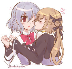 1boy 1girl asuka_minato black_ribbon blue_hair blush bow braid commentary couple hair_ribbon haruka3no25love heart hetero kiss kissing_cheek light_brown_hair long_hair long_sleeves notice_lines one_eye_closed oogaki_hinata open_mouth otome_domain red_bow red_eyes ribbon shirt short_hair side_ponytail simple_background single_braid sleeves_past_wrists surprised trap twitter_username upper_body white_background white_shirt