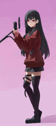 1girl absurdres black_hair black_shoes black_skirt full_body gradient_background highres long_hair long_sleeves looking_at_viewer mac_star original pink_background red_sweater shoes skirt smile solo standing sweater thighhighs