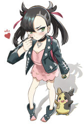 Rule 34 | 1girl, absurdres, anp2, asymmetrical bangs, backpack, bag, black choker, black hair, black jacket, black nails, blush, boots, choker, closed mouth, dress, dusk ball, ear piercing, finger heart, from above, full body, gen 8 pokemon, green eyes, hair ribbon, hand up, heart, highres, holding, holding poke ball, jacket, marnie (pokemon), morpeko, morpeko (full), nintendo, piercing, pink dress, poke ball, pokemon, pokemon (creature), pokemon swsh, ribbon, shadow, simple background, standing, undercut, v-shaped eyebrows, white background