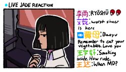 1girl alternate_eye_color black_eyes black_hair bus_interior chinese_text collared_shirt commentary english_commentary english_text limbus_company livestream meme mombodryoshu pogchamp_(meme) project_moon ryoshu_(project_moon) shirt smoking solo spoilers white_shirt window