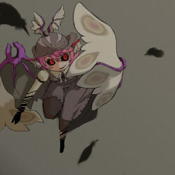 Rule 34 | 1girl, animal ears, bird ears, black gloves, black skirt, brown dress, brown hat, commentary request, dress, feathers, flying, full body, gloves, grey background, hat, kazuiyun, looking at viewer, mystia lorelei, open mouth, pinafore dress, pink hair, red eyes, shirt, short hair, simple background, skirt, sleeveless, sleeveless dress, smile, solo, touhou, white shirt, white wings, winged hat, wings