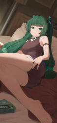 1girl android armlet ass bare_legs bare_shoulders barefoot bed bed_sheet bedroom black_shorts black_sports_bra blunt_bangs blush braid braided_sidelock closed_mouth green_eyes green_hair highres indoors jewelry long_hair looking_at_viewer lying nev_(nevblindarts) on_bed on_side pillow qingyi_(zenless_zone_zero) ribbon robot_girl shorts side_braids solo sports_bra twintails zenless_zone_zero