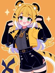 1girl absurdres animal_ears animal_print black_hair black_shirt blue_ribbon blush breasts clenched_hands collared_shirt elbow_gloves eyebrows_hidden_by_hair facing_viewer fingerless_gloves gloves green_eyes high-waist_shorts highres jewelry ju_fufu looking_at_viewer magikflaan multicolored_hair necklace open_mouth orange_background orange_hair paw_pose ribbon shirt shorts small_breasts smile solo sparkle_background standing streaked_hair tail tail_ornament tail_ribbon thigh_strap thighs tiger_ears tiger_girl tiger_print tiger_tail white_hair zenless_zone_zero