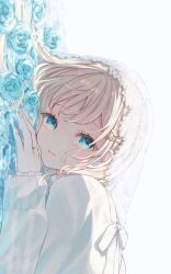 1girl blonde_hair blue_eyes blue_flower blue_rose closed_mouth commentary english_commentary flower hair_ornament hairclip highres ilis_0226 jewelry long_sleeves looking_at_viewer original ring rose short_hair simple_background solo sweater upper_body veil water white_background white_sweater white_veil