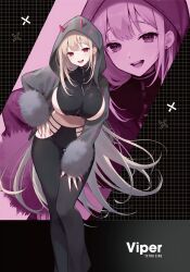 1girl absurdres artist_request breasts character_name fur_trim goddess_of_victory:_nikke highres horns light_brown_hair long_hair long_sleeves nail_polish official_alternate_costume official_art pink_eyes pink_horns pink_nails sideboob solo third-party_source viper_(nikke) zozotown