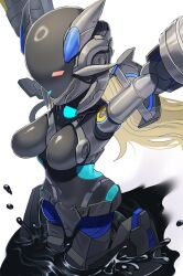 1girl arms_up black_helmet blonde_hair breasts commentary_request commission hakidashi_11 helmet kneeling long_hair medium_breasts original red_eyes restrained robot_girl simple_background skeb_commission slime_(substance) solo white_background