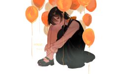 1girl absurdres apricot_(vocaloid) balloon black_dress black_eyes black_hair black_shoes chinese_commentary closed_mouth commentary_request dated dress expressionless full_body hair_over_shoulder hair_ribbon head_on_knees highres hugging_own_legs iyowa_girls jiyuuu_(liye8049) long_hair long_sleeves looking_at_viewer looking_to_the_side low_twintails mary_janes pinafore_dress ribbon riko_(iyowa) shirt shoes simple_background sitting sleeveless sleeveless_dress solo song_name twintails white_background white_shirt yellow_ribbon