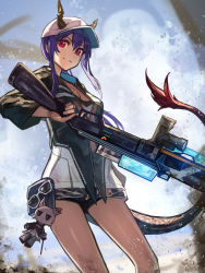 1girl aito arknights baseball_cap black_jacket blue_hair cameo ch&#039;en_(arknights) ch&#039;en_the_holungday_(arknights) charm_(object) cowboy_shot dragon_girl dragon_horns dragon_tail female_focus fur-tipped_tail gun hair_between_eyes hat highres holding holding_gun holding_weapon horns horns_through_headwear jacket long_hair official_alternate_costume red_eyes sidelocks smile solo split_mouth sunglasses swimsuit tail talulah_(arknights) talulah_the_fighter_(arknights) unworn_eyewear weapon white_hat