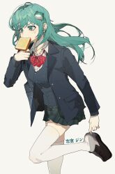1girl absurdres alternate_costume bag black_jacket black_shoes bread bread_slice breasts food food_in_mouth frog_hair_ornament from_side green_eyes grey_background grey_hair hair_ornament highres jacket kochiya_sanae long_hair long_sleeves medium_breasts mouth_hold neckerchief plaid_clothes plaid_skirt red_neckerchief school_bag school_uniform shimiya_jin shirt shoes skirt solo thighhighs toast toast_in_mouth touhou white_shirt white_thighhighs