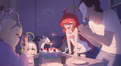 +_+ 1boy 3girls :d absurdres ahoge binah_(blue_archive) birthday black_hair blonde_hair blue_archive breath_weapon breathing_fire cake can cellphone clapping commentary_request cup dark_room doodle_sensei_(blue_archive) drink_can energy_drink fire food fruit green_eyes green_halo grey_hair grey_pants halo hands_up happy_birthday hare_(blue_archive) heart highres hirotaka0125 holding holding_phone indoors kotama_(blue_archive) kotama_(pajamas)_(blue_archive) long_hair maki_(blue_archive) maki_(pajamas)_(blue_archive) mask mask_on_head monster_energy multiple_girls open_mouth pants peroro_(blue_archive) phone plate purple_eyes purple_halo purple_shirt red_hair red_halo sensei_(blue_archive) shirt short_hair short_sleeves sleep_mask smartphone smile spoken_heart strawberry strawberry_cake t-shirt table tank_top teeth upper_teeth_only very_long_hair white_shirt white_tank_top