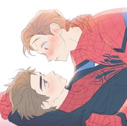 2boys animal_print animification black_hoodie blue_bodysuit blush bodysuit brown_eyes brown_hair closed_mouth dual_persona hand_around_neck hood hoodie looking_at_another looking_down looking_up lying male_focus marvel marvel_cinematic_universe multiple_boys on_back open_clothes open_hoodie peter_parker red_bodysuit selfcest short_hair simple_background skdlfjgrp smile spider-man spider-man:_no_way_home spider-man_(series) spider_print spider_web_print superhero_costume sweatdrop two-tone_bodysuit web_shooter white_background yaoi