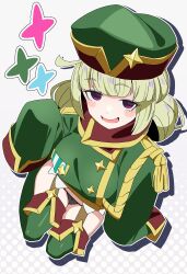 Rule 34 | 1girl, :d, absurdres, araga kiwi, black panties, blunt bangs, blush stickers, breasts, coat, commentary, dot nose, drop shadow, epaulettes, full body, garter straps, green hair, green thighhighs, grey background, hat, highres, large breasts, leoparde (mahou shoujo ni akogarete), long hair, looking at viewer, magical girl, mahou shoujo ni akogarete, military coat, mole, mole under eye, no pants, noyama takenoko, open mouth, outline, panties, red eyes, simple background, sleeves past fingers, sleeves past wrists, smile, solo, sparkle, thighhighs, underwear, very long sleeves, white outline