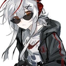 Rule 34 | 1girl, arknights, black jacket, chinese commentary, closed mouth, commentary request, grey hair, grey shirt, hair between eyes, hair ornament, highres, hood, hood down, hooded jacket, jacket, long hair, looking at viewer, multicolored hair, open clothes, open jacket, qielmy, red hair, shirt, simple background, sketch, solo, streaked hair, sunglasses, upper body, w (arknights), white background, x hair ornament, yellow eyes