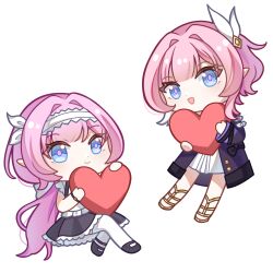 Rule 34 | 2girls, blue eyes, blue skirt, chinese commentary, coat, color connection, commentary request, company connection, cyrene (honkai: star rail), dress, elf, elysia (honkai impact), hair color connection, hair ornament, hairband, heart, highres, holding, holding heart, honkai: star rail, honkai (series), honkai impact 3rd, inoue marina, izumi (lofter 41635481026), long hair, looking at viewer, medium hair, multicolored hair, multiple girls, official alternate costume, open mouth, pink hair, pointy ears, purple coat, shirt, simple background, skirt, smile, two-tone hair, voice actor connection, white background, white dress, white hair, white hairband, white shirt, yanning