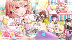 &gt;_&lt; 6+girls :3 @_@ amane_kanata amane_kanata_(1st_costume) amusement_park animal_ears balloon black_dress black_hair black_hairband black_shorts blonde_hair blue_hair blue_skirt blurry blurry_background bow braid brown_hair candy candy_cane chibi closed_eyes colored_inner_hair commentary_request cotton_candy cup dress earrings eating ferris_wheel folding_fan food fox_ears fox_girl frown green_eyes grey_eyes grey_hair hair_ornament hairband hairpin hand_fan head_wings highres himemori_luna himemori_luna_(1st_costume) holding holding_balloon holding_fan holding_food holding_ice_cream hololive hololive_dev_is hololive_indonesia ice_cream ichijou_ririka ichijou_ririka_(1st_costume) jewelry juufuutei_raden juufuutei_raden_(1st_costume) long_hair long_sleeves looking_at_another looking_at_viewer medium_hair misyune multicolored_hair multiple_girls multiple_hairpins one_eye_closed open_mouth otonose_kanade otonose_kanade_(1st_costume) pink_bow pink_dress pink_eyes pink_hair purple_eyes purple_hair roller_coaster scared shirt shop short_sleeves shorts sidelocks sitting skirt sleeveless sleeveless_shirt smile spinning_teacup takane_lui takane_lui_(1st_costume) teacup todoroki_hajime todoroki_hajime_(1st_costume) tokoyami_towa tokoyami_towa_(1st_costume) tongue tongue_out vestia_zeta vestia_zeta_(1st_costume) white_skirt wings