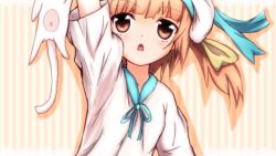 Rule 34 | 050411285aura, 10s, 1girl, bad id, bad pixiv id, brown eyes, brown hair, cat, cat tail, close-up, error musume, girl holding a cat (kancolle), hat, kantai collection, open mouth, personification, ribbon, tail
