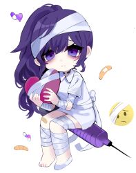 1girl asahina_mafuyu back_bow bandaged_arm bandaged_head bandaged_leg bandages bandaid bandaid_on_knee bandaid_on_leg black_choker bow choker closed_mouth collared_dress commentary deformed dress emoji empty_eyes full_body hands_up heart highres holding holding_heart jishou_210 large_syringe long_hair looking_at_viewer oversized_object pill ponytail project_sekai purple_eyes purple_hair sad shoes short_dress short_sleeves simple_background single_bare_foot single_shoe sitting solo symbol-only_commentary syringe white_background white_bow white_dress white_shoes