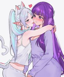 2girls :p absurdres animal_ear_fluff animal_ears bare_arms bare_shoulders blush cat_ears cat_tail closed_mouth dress earrings elf fern_(sousou_no_frieren) frieren green_eyes heart highres hug jewelry licking licking_another&#039;s_face long_hair long_sleeves looking_at_another multiple_girls pointy_ears pout purple_dress purple_eyes purple_hair qiandaiyiyu shirt simple_background sleeveless sleeveless_shirt smile sousou_no_frieren tail thick_eyebrows tongue tongue_out twintails white_background white_hair white_shirt yuri