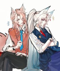 +++ 1boy 1girl alternate_costume animal_ear_fluff animal_ears black_pants blue_eyes blue_hair blue_nails blue_necktie blue_skirt blue_vest breasts closed_eyes closed_mouth collared_shirt commentary_request crossed_arms crossed_legs earrings feixiao_(honkai:_star_rail) fingernails forehead_jewel fox_boy fox_ears fox_girl fox_tail gradient_hair hair_between_eyes high_ponytail honkai:_star_rail honkai_(series) jewelry jiaoqiu_(honkai:_star_rail) korean_commentary lapels long_fingernails long_hair long_sleeves looking_to_the_side medium_breasts multicolored_hair nail_polish necktie pants parted_bangs pink_hair pleated_skirt ponytail red_necktie red_sweater_vest shirt sidelocks simple_background sitting skirt smile sparkle sweater_vest tail tassel tassel_earrings teeth vest watch white_background white_hair white_shirt wristwatch yziyiling