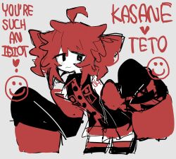 Rule 34 | 1girl, 65907 30 4, :3, ahoge, black shirt, black sleeves, black thighhighs, breast pocket, cropped legs, detached sleeves, drill hair, english text, flat color, foreground text, grey background, heart, highres, kasane teto, kasane teto (utau), looking at viewer, number tattoo, pocket, red hair, shirt, simple background, sketch, smiley face, solo, tattoo, thighhighs, twin drills, utau, very long sleeves