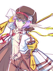 1boy arch_bishop_(ragnarok_online) brown_coat brown_hat brown_pants closed_mouth coat commentary_request cowboy_shot cropped_jacket expressionless green_eyes hat hat_ornament jacket long_sleeves looking_at_viewer male_focus newsboy_cap open_clothes open_coat pants purple_hair ragnarok_online short_hair simple_background skull_hat_ornament solo white_background white_jacket yukimushi