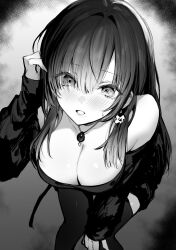 1girl absurdres bare_shoulders blush breasts cleavage earrings eyes_visible_through_hair greyscale hair_between_eyes hair_over_one_eye hand_up highres jewelry large_breasts leaning_forward long_hair long_sleeves looking_at_viewer mole mole_under_mouth monochrome necklace off-shoulder_shirt off_shoulder open_mouth original pendant piratescat01 shirt sleeves_past_wrists solo thighhighs tucking_hair
