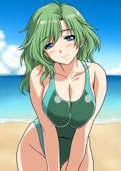 1girl absurdres beach blue_sky breasts cleavage cloud competition_swimsuit cowboy_shot day final_fantasy final_fantasy_iv green_eyes green_hair green_one-piece_swimsuit highleg highleg_one-piece_swimsuit highres horizon large_breasts leaning_forward looking_at_viewer ocean one-piece_swimsuit outdoors rydia_(ff4) sky smile solo swimsuit two-tone_swimsuit yuuyuu_(3jjbn)