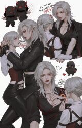 2girls absurdres anger_vein black_gloves black_jacket black_pants black_shirt breasts cleavage collared_shirt commentary cuffs english_commentary english_text fingerless_gloves gem_(symbol) genderswap genderswap_(mtf) gloves grey_eyes half_updo handcuffs highres horns jacket large_breasts leg_between_thighs long_hair looking_at_another love_and_deepspace midriff multiple_girls navel pants parted_lips ponytail protagonist_(love_and_deepspace) red_eyes red_lips red_nails shirt sleeves_rolled_up sylus_(love_and_deepspace) white_background white_hair white_shirt yuki_lu yuri